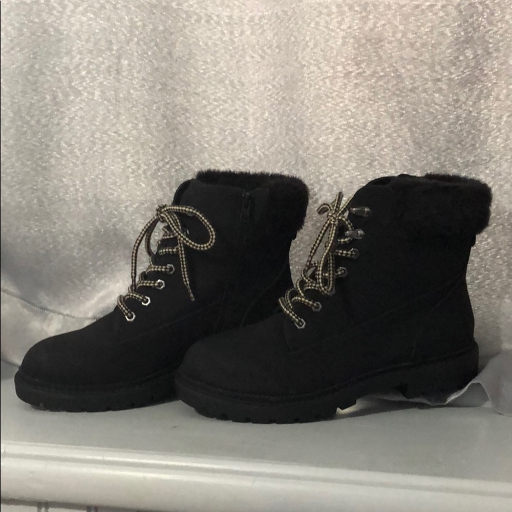 Black, faux fur topped boots, brand new!
